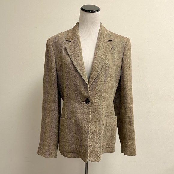 Max Mara herringbone blazer brown tan Italy linen 8 - Picture 1 of 8